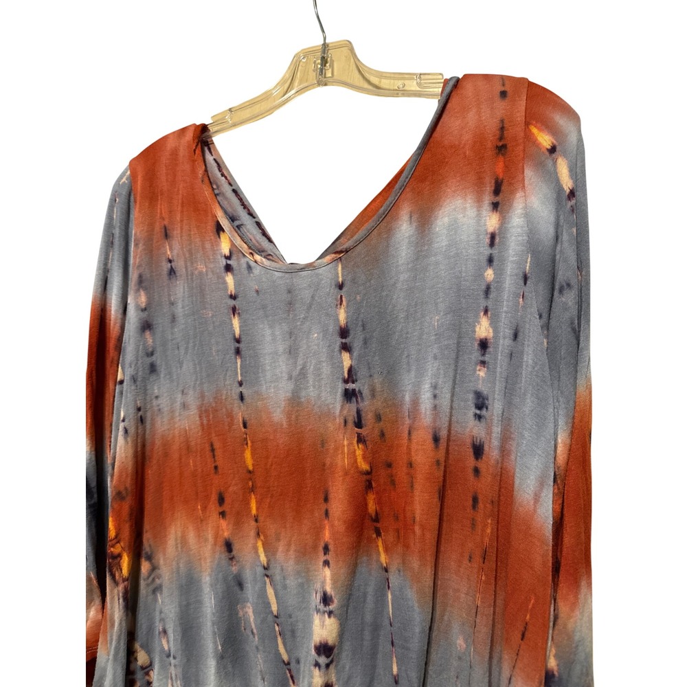 Vision USA Women Tie Dye Tunic Top Long Sleeve Orange Grey Back Tie Hip Length L